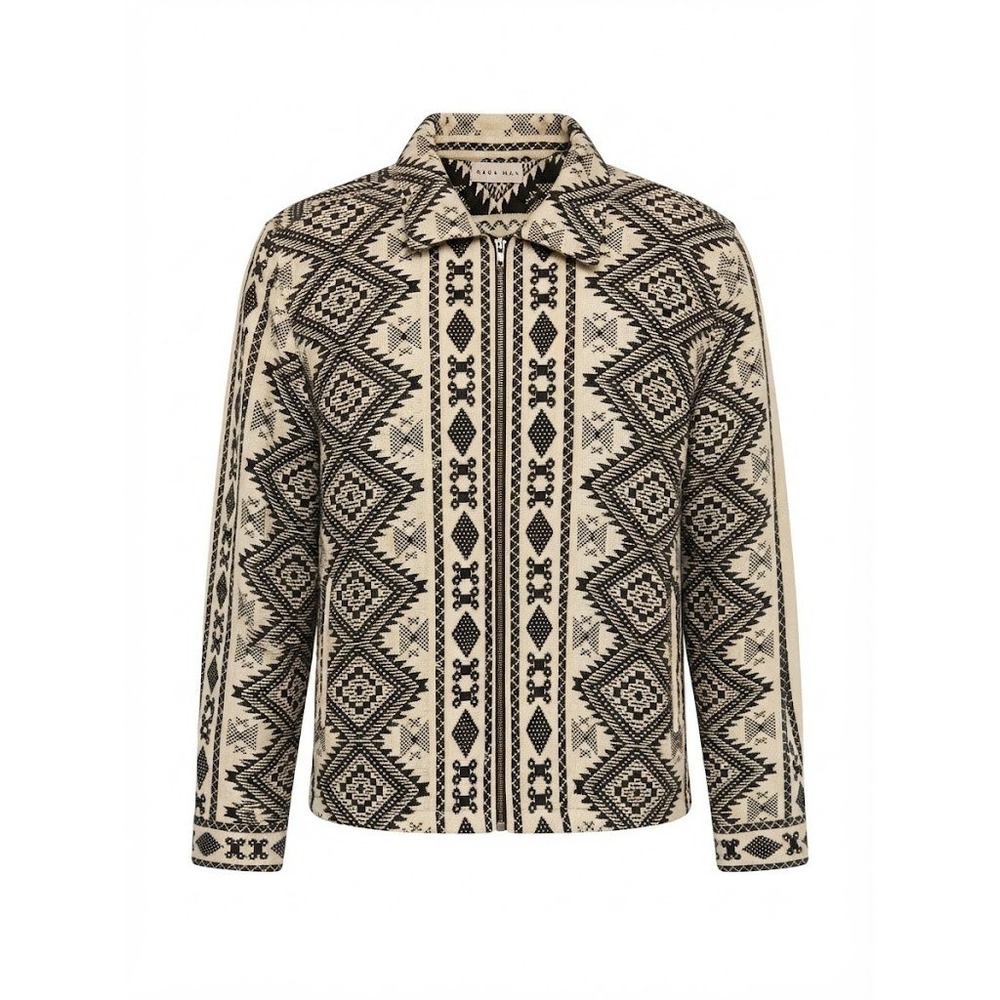 Raga Man Mens Geometric Tribal Print Full Zip Woven Jacket Cream Black MSRP $295
